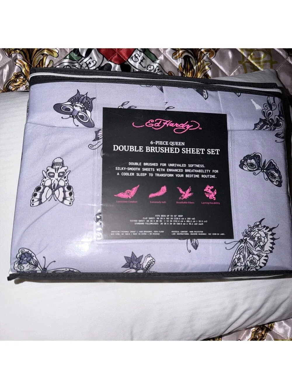 Ed Hardy Queen Sheet Set 6Pc Double Brushed Soft Cooling Bedding